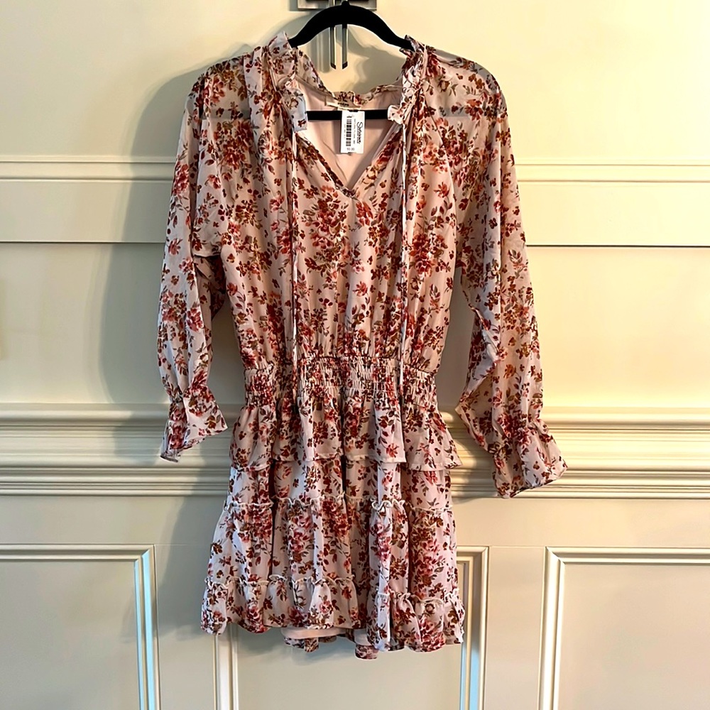 NWT. Entro floral dress.  Small. gathered at the waist.Pink, cream, tan and grey